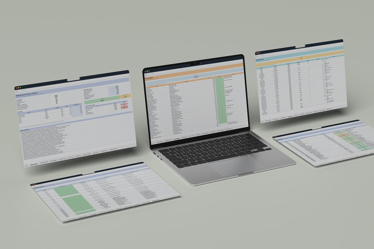 HMO Analyser Excel template, Setup Budget tab on a laptop screen