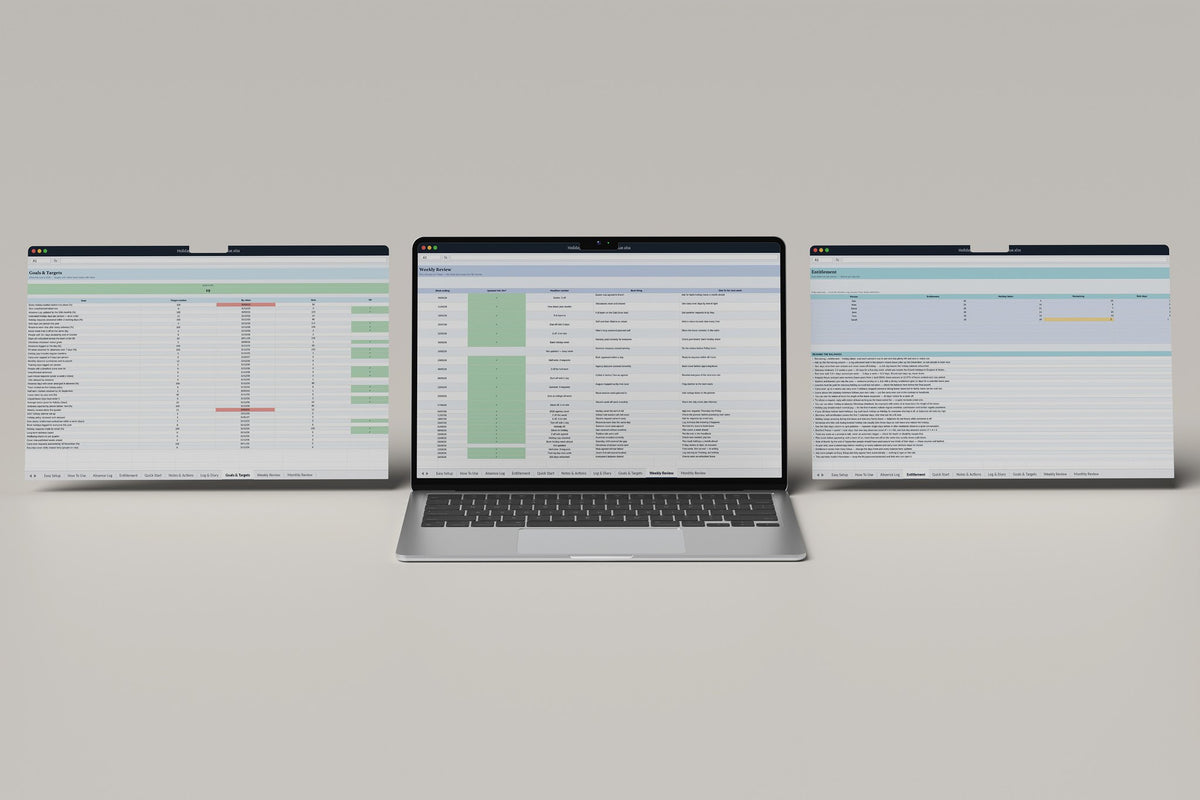 Holiday and Absence Planner Excel template, Weekly Review tab on a laptop screen