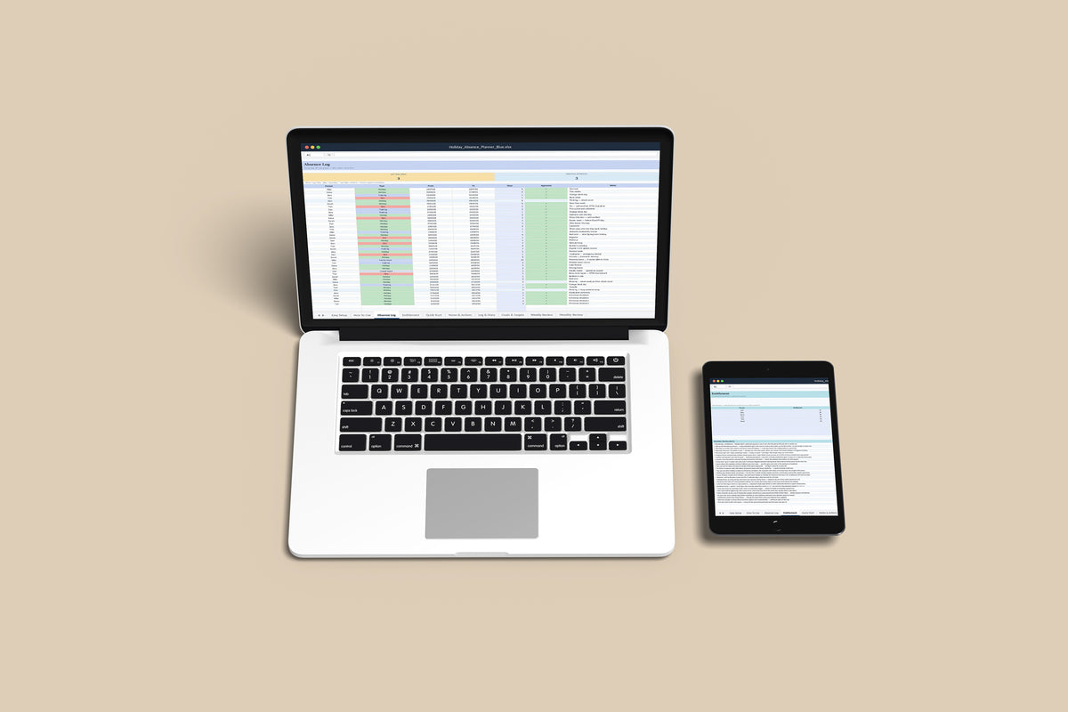 Holiday and Absence Planner Excel template on a MacBook and iPad