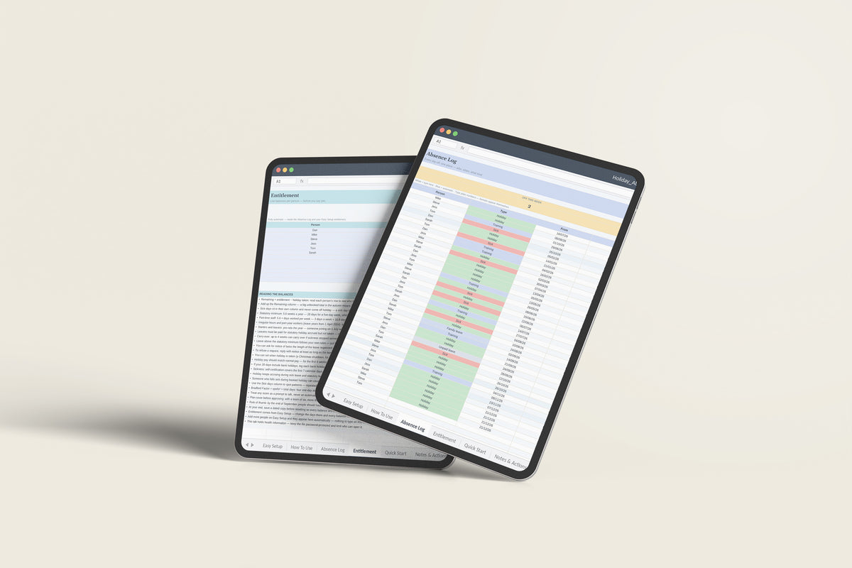 Holiday and Absence Planner Excel template on an iPad Pro