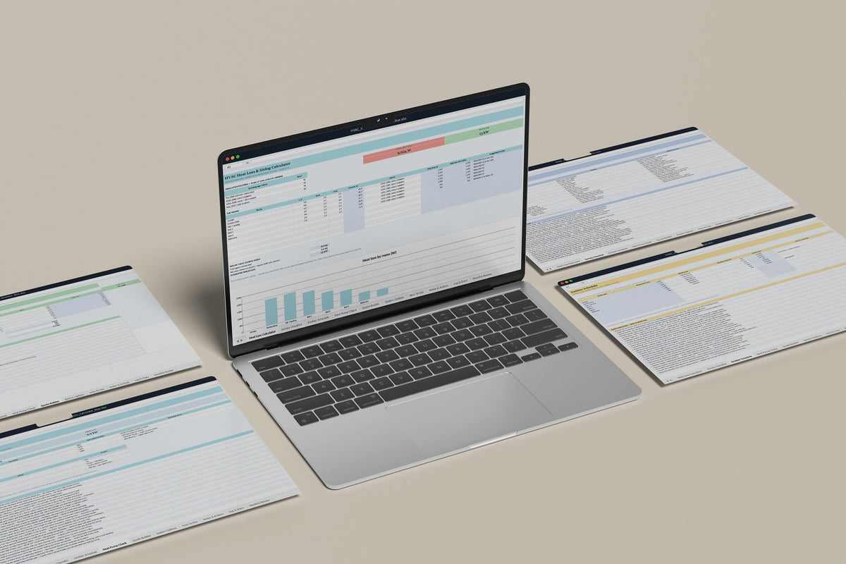 HVAC Heat Loss Calculator Excel template, Heat Loss Calculator tab on a laptop screen