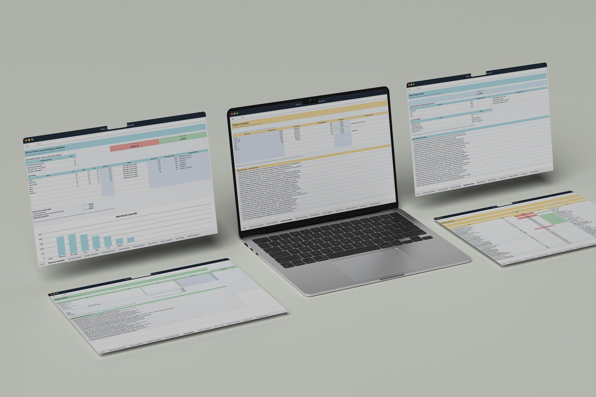 HVAC Heat Loss Calculator Excel template, Emitter Schedule tab on a laptop screen