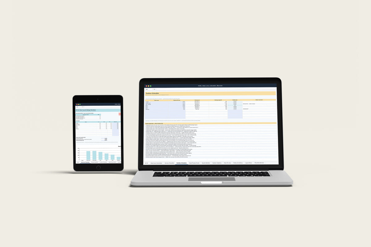 HVAC Heat Loss Calculator Excel template on a MacBook and iPad, second view