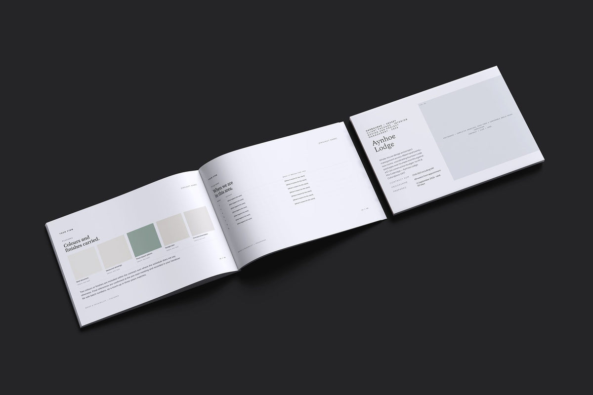 Interior Design Client Package, Slate colourway, cover and inside spread mockup