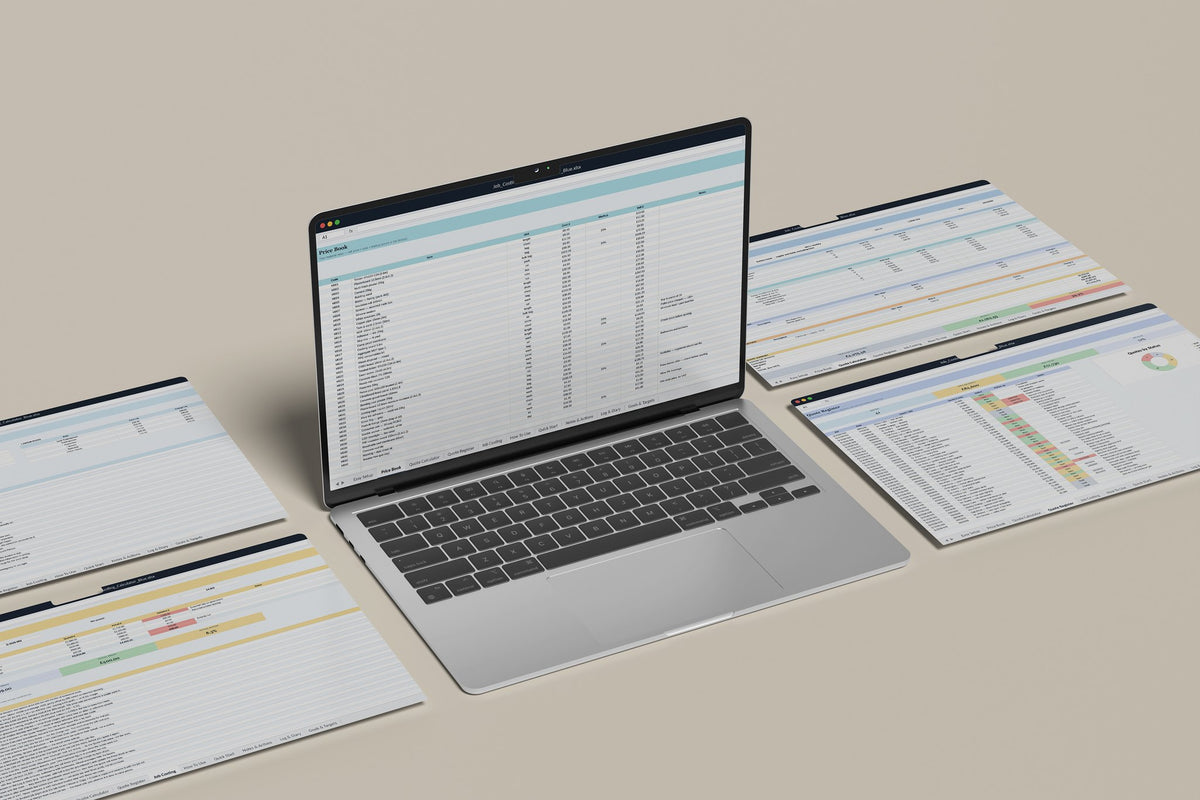 Job Costing and Quoting Calculator Excel template, Price Book tab on a laptop screen