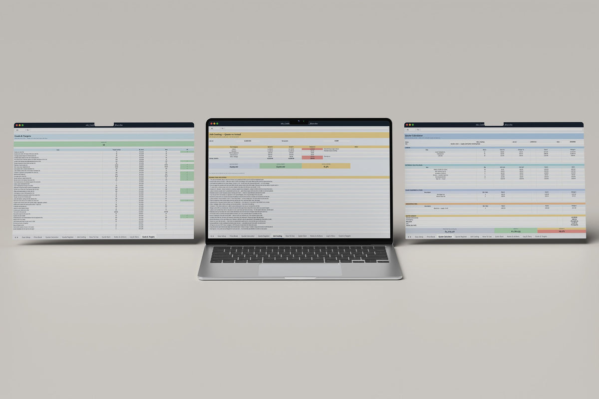 Job Costing and Quoting Calculator Excel template, Job Costing tab on a laptop screen