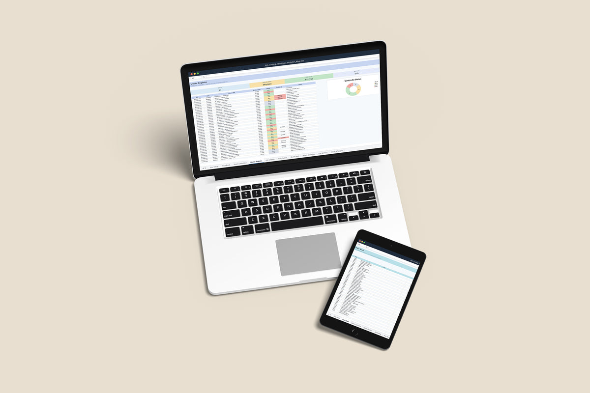 Job Costing and Quoting Calculator Excel template on a MacBook and iPad, second view