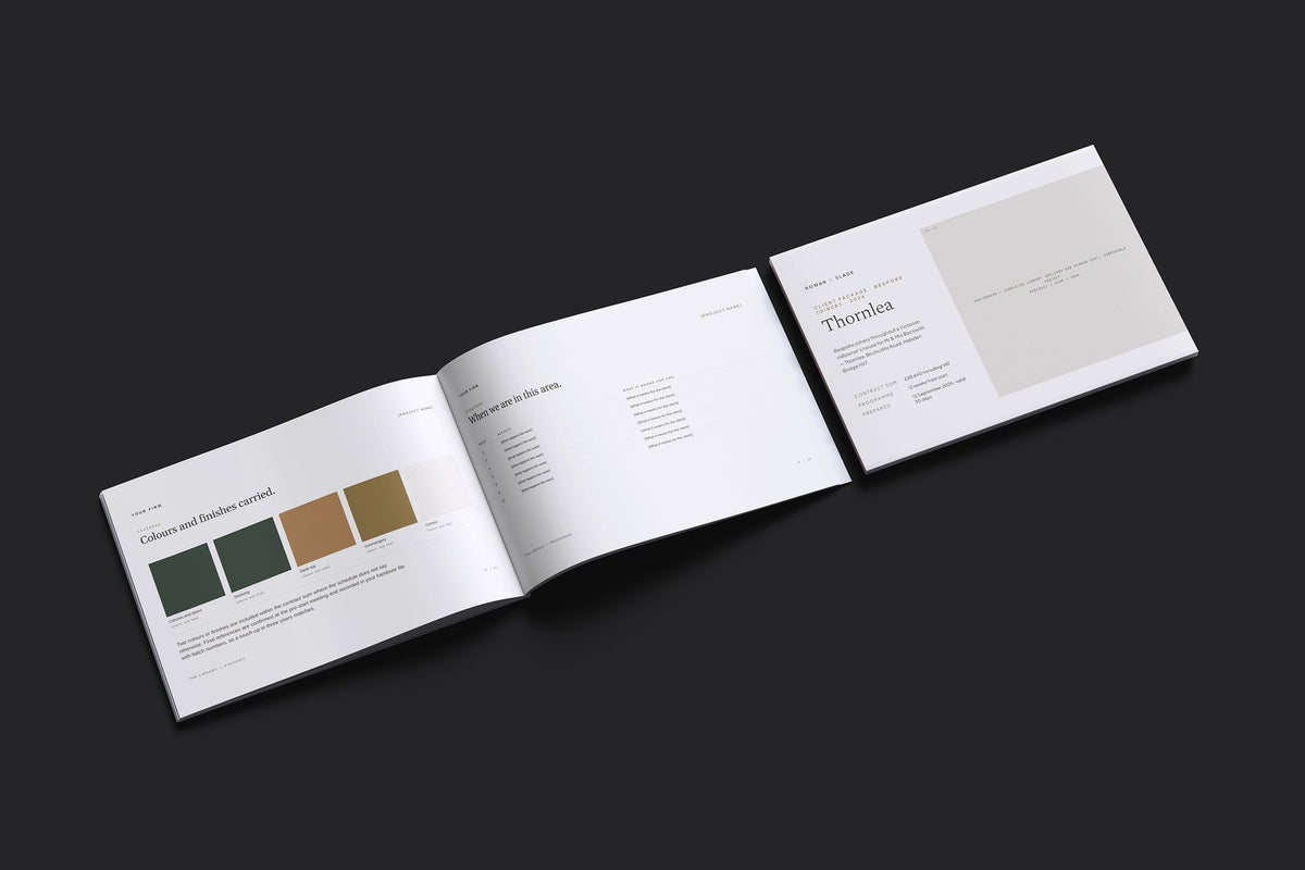 Joiner Client Package, Oat colourway, cover and inside spread mockup