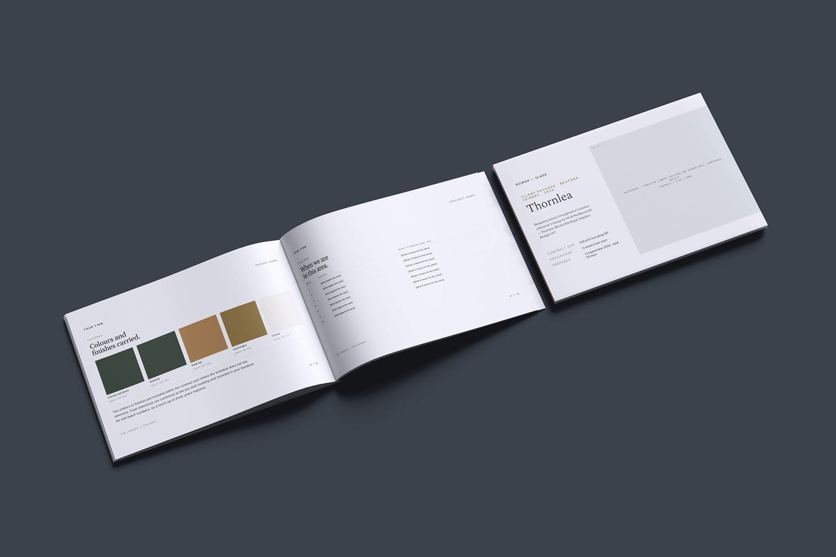 Joiner Client Package, Slate colourway, cover and inside spread mockup