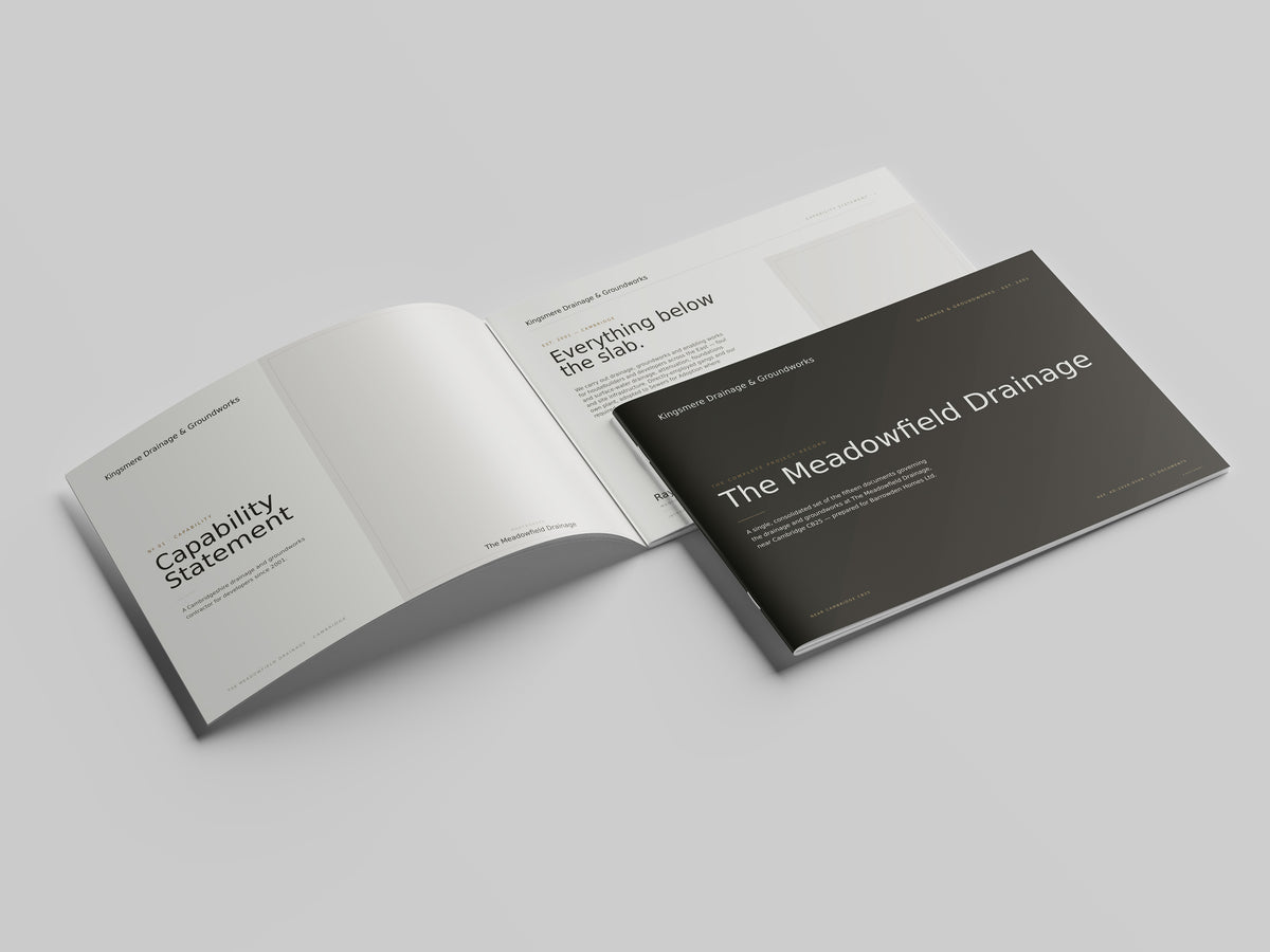 Groundworks & Drainage Contractor Project Pack in PowerPoint, printed and open at the first pages