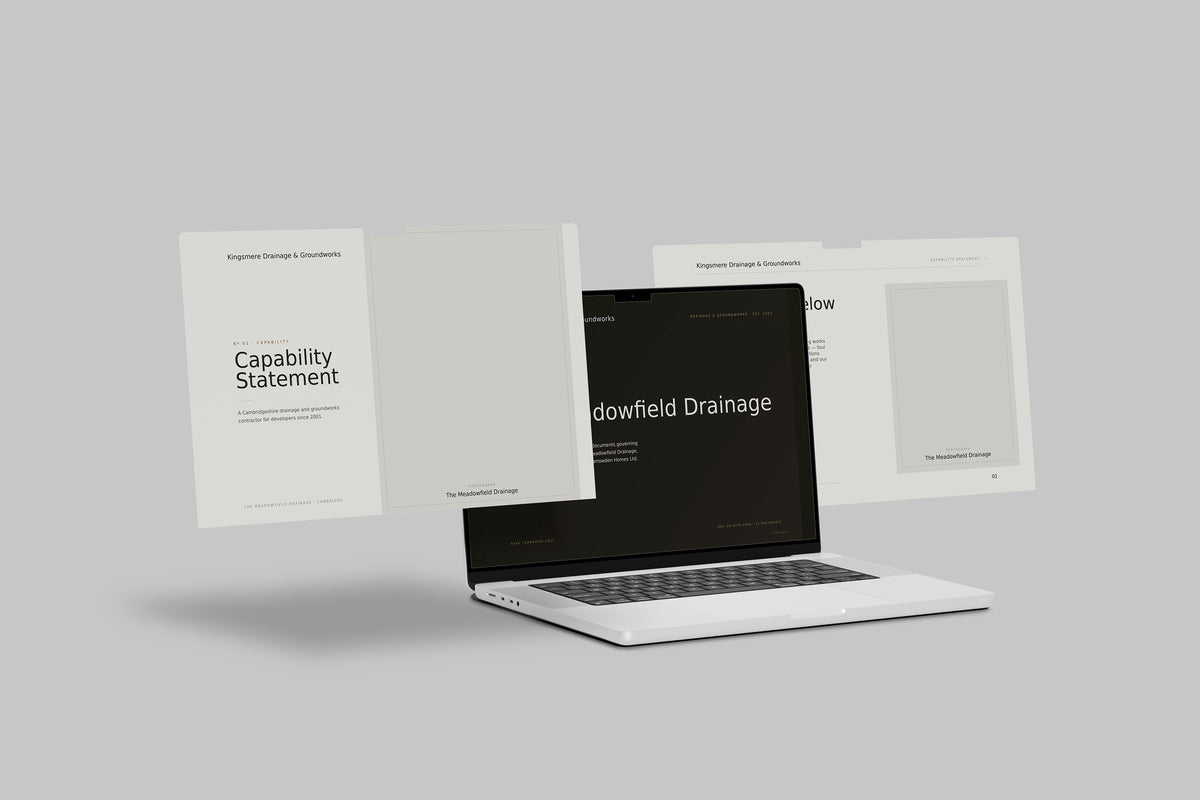 Groundworks & Drainage Contractor Project Pack in PowerPoint, shown on laptop screens