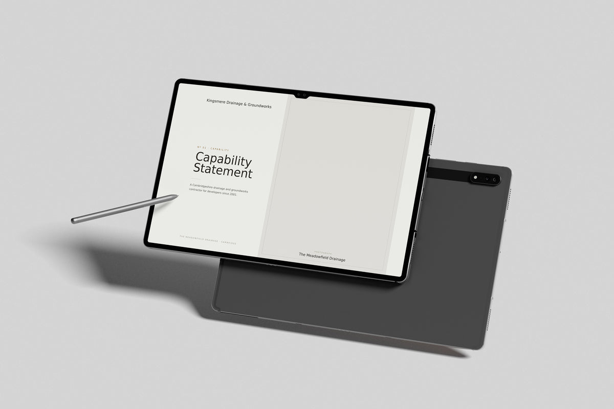 Groundworks & Drainage Contractor Project Pack in PowerPoint, inside pages shown on a tablet