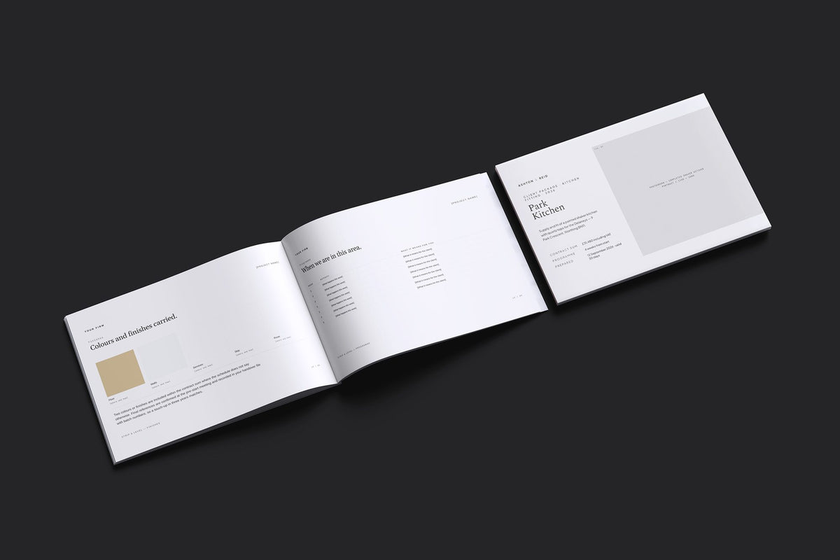 Kitchen Fitter Client Package, Ivory colourway, cover and inside spread mockup