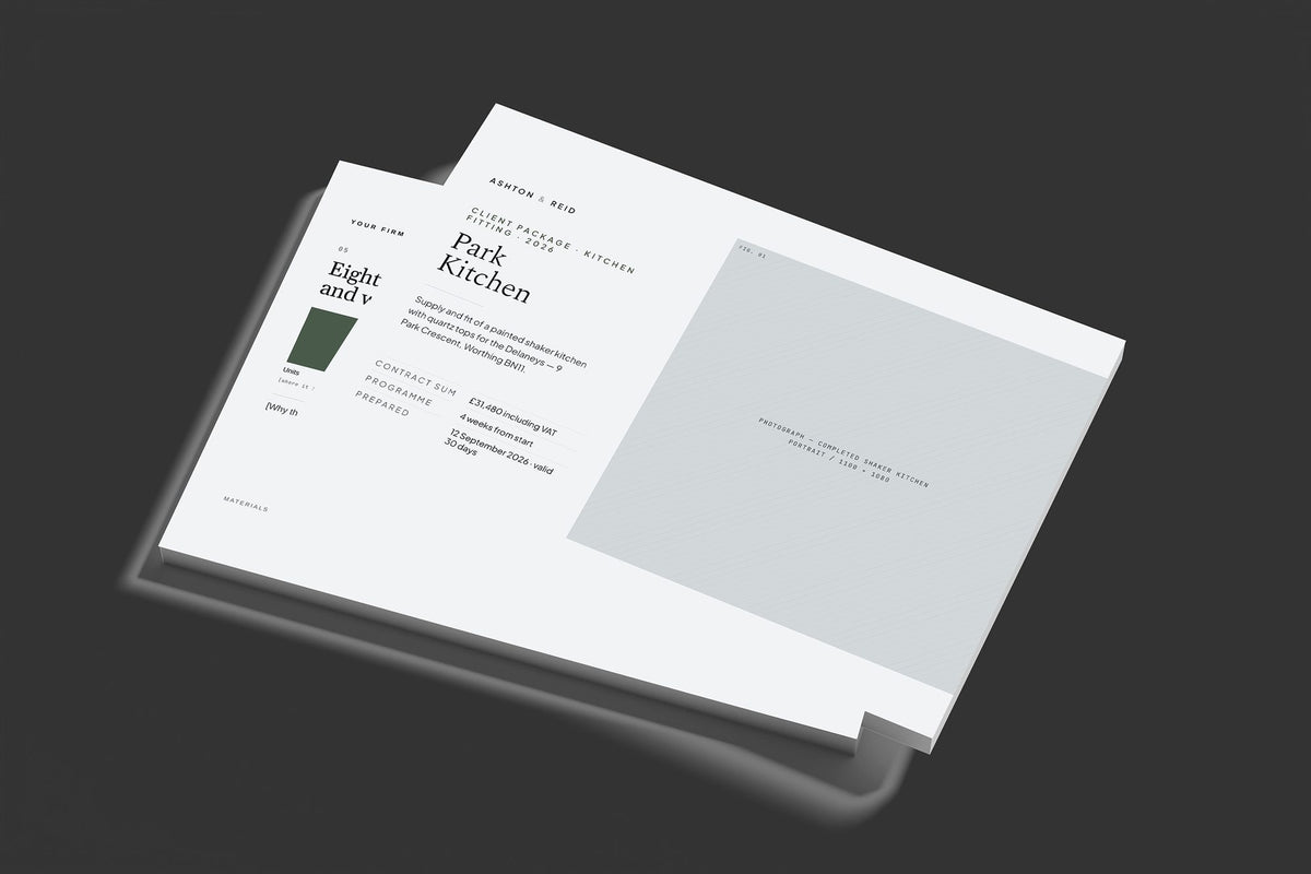 Kitchen Fitter Client Package, Slate colourway, stacked books mockup