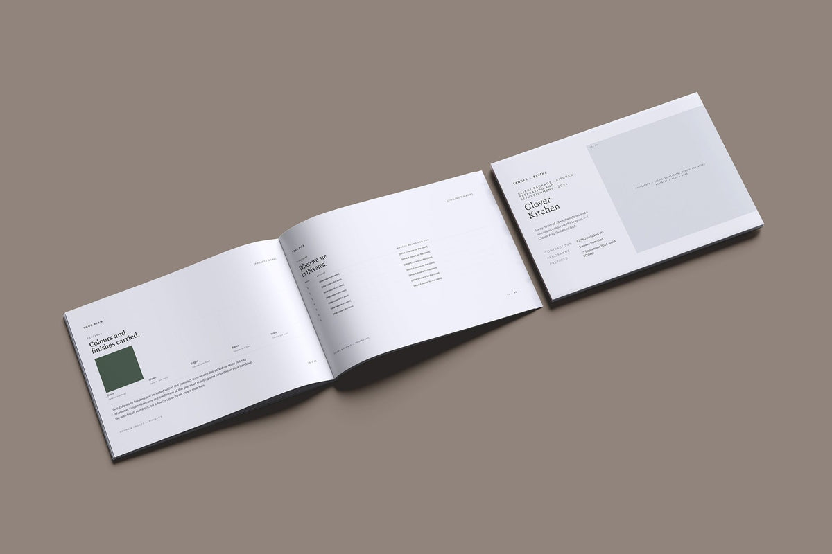 Kitchen Respray Client Package, Slate colourway, cover and inside spread mockup