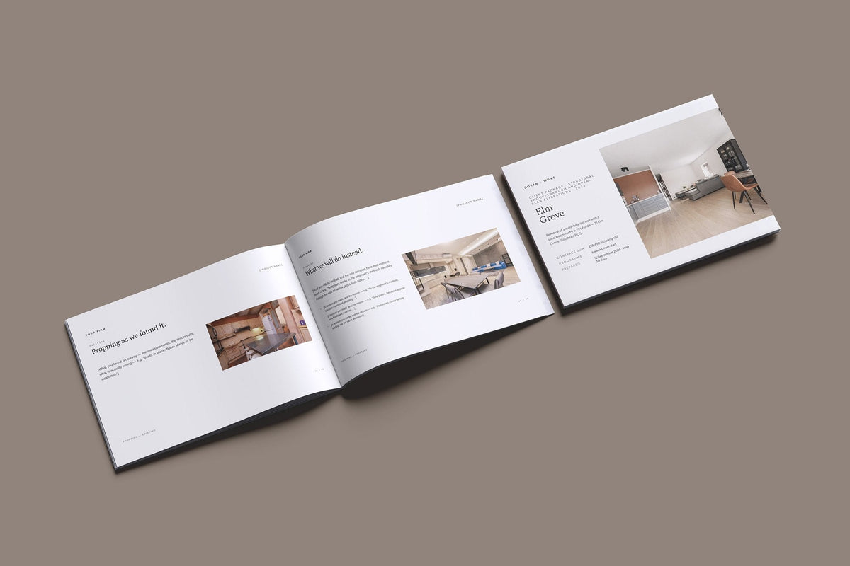 Knock Through and Open Plan Client Package, Ivory colourway, cover and inside spread mockup