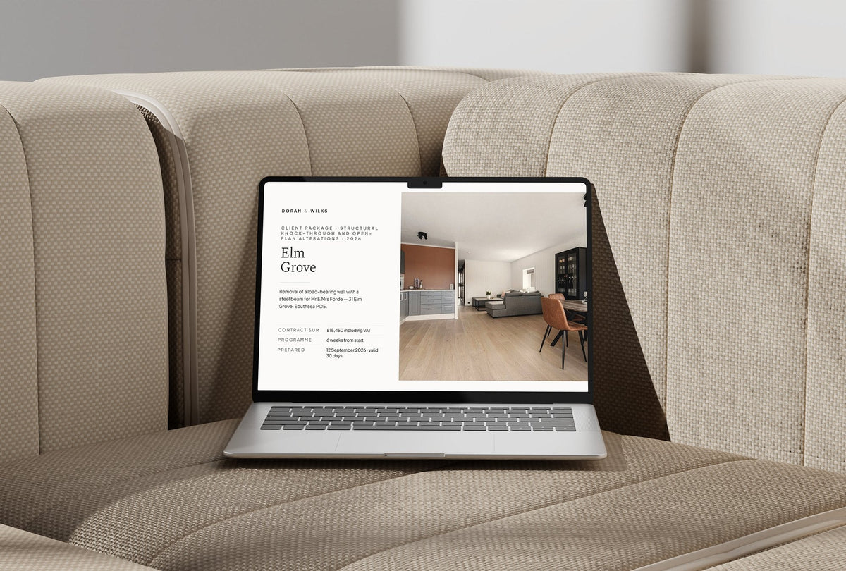 Knock Through and Open Plan Client Package, Ivory colourway, laptop screen mockup