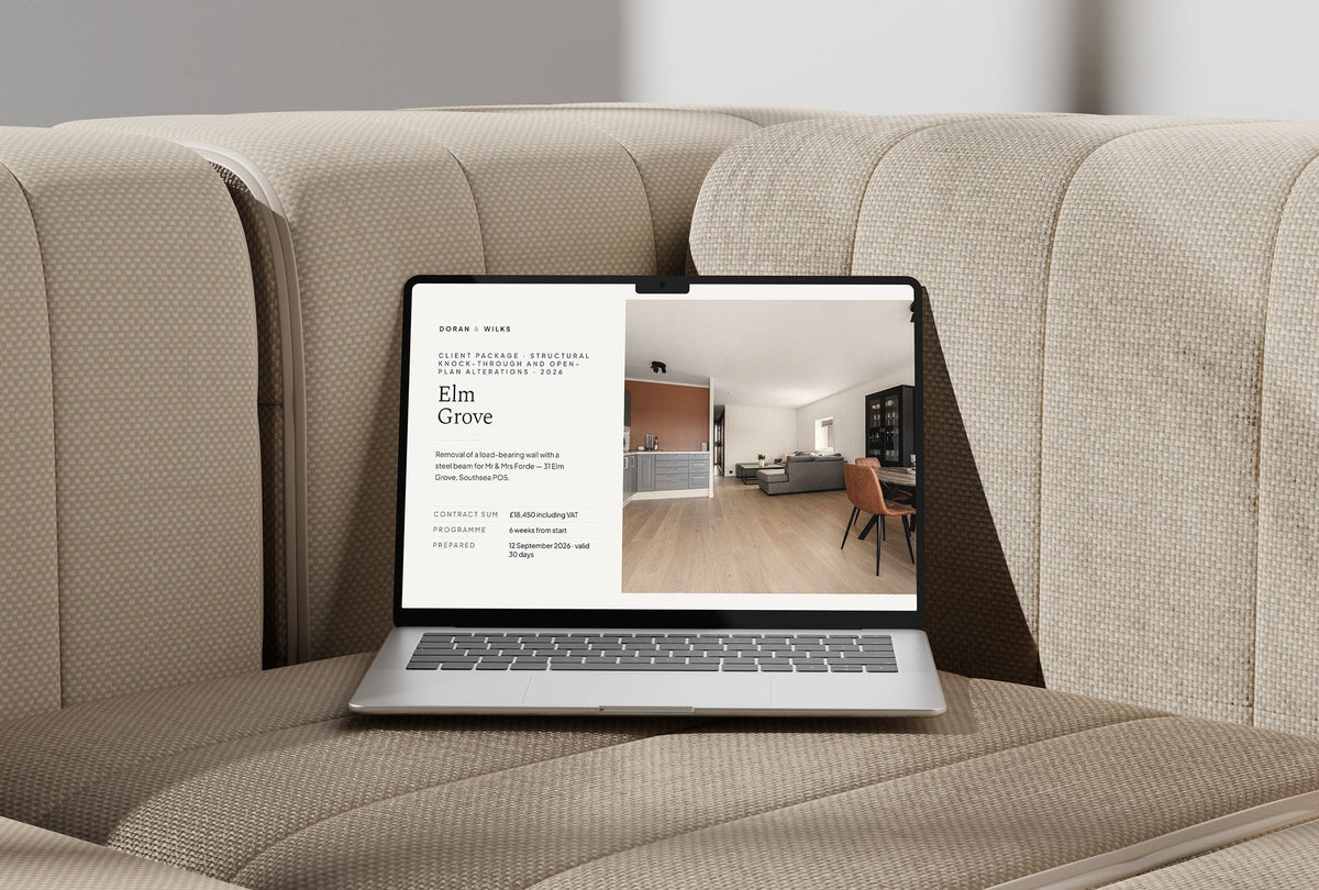Knock Through and Open Plan Client Package, Standard colourway, laptop screen mockup