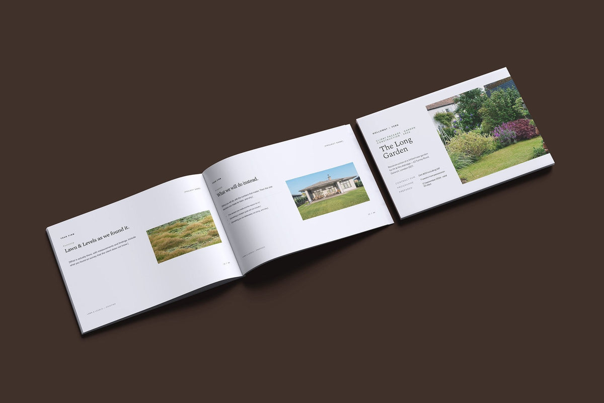 Landscaper Client Package, Slate colourway, cover and inside spread mockup