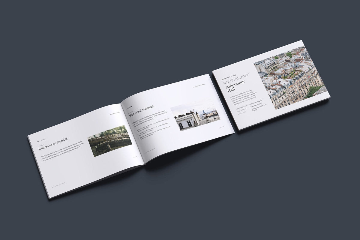 Leadwork Client Package, Ivory colourway, cover and inside spread mockup