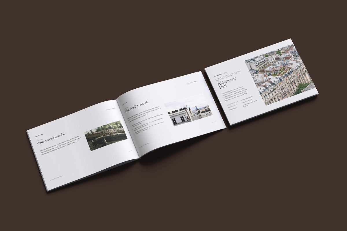 Leadwork Client Package, Oat colourway, cover and inside spread mockup