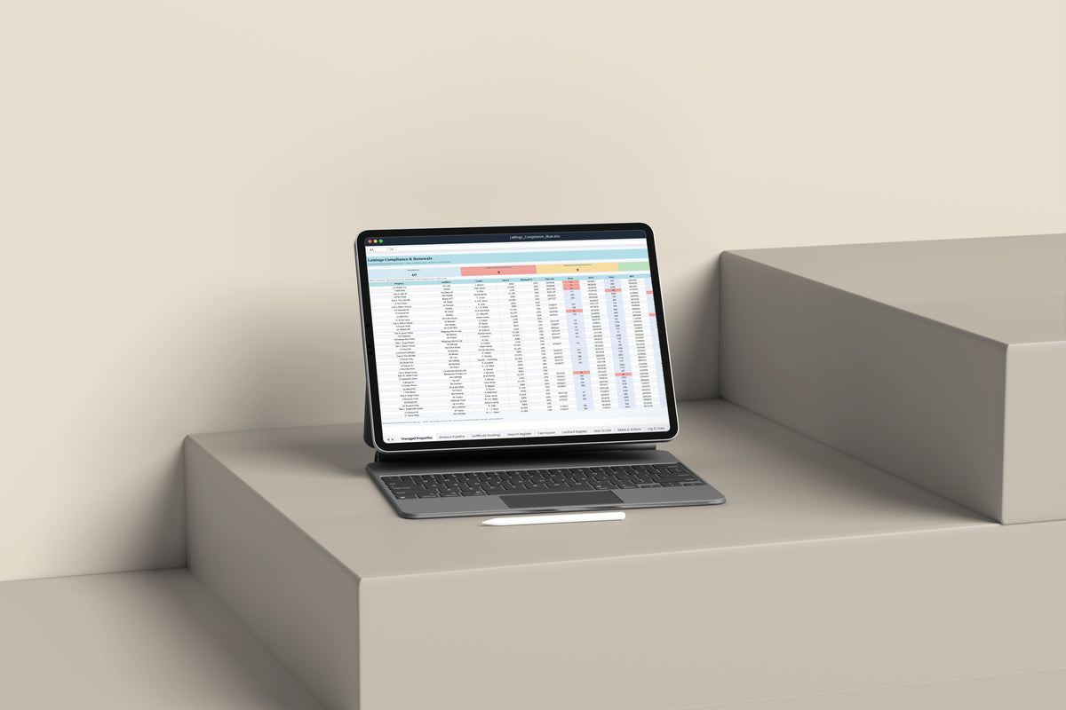 Lettings Compliance Excel template on an iPad with keyboard
