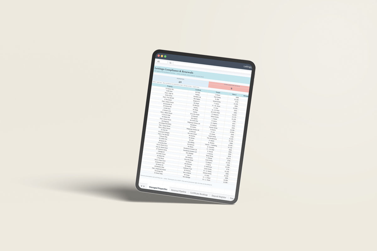 Lettings Compliance Excel template on an iPad Pro