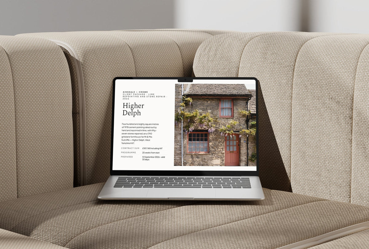 Lime Repointing Client Package, Ivory colourway, laptop screen mockup