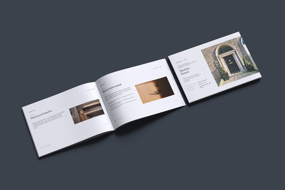 Locksmith Client Package, Slate colourway, cover and inside spread mockup