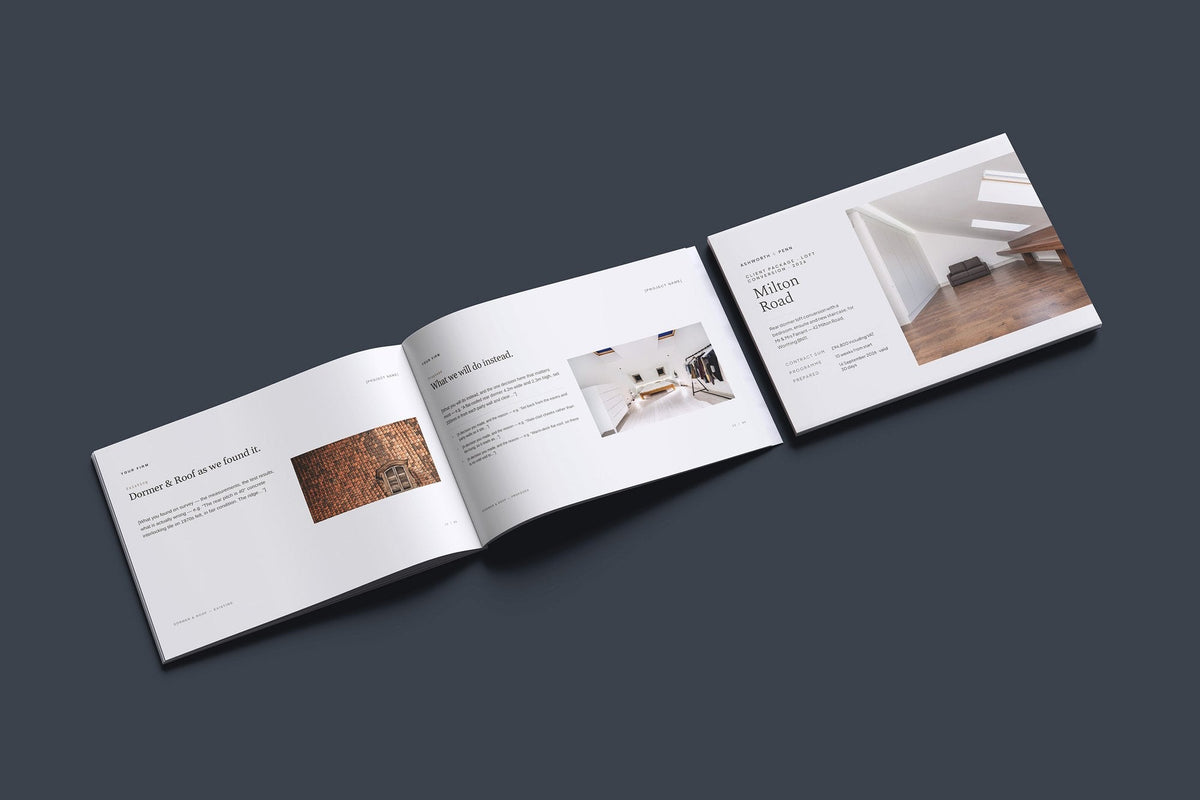 Loft Conversion Client Package, Oat colourway, cover and inside spread mockup