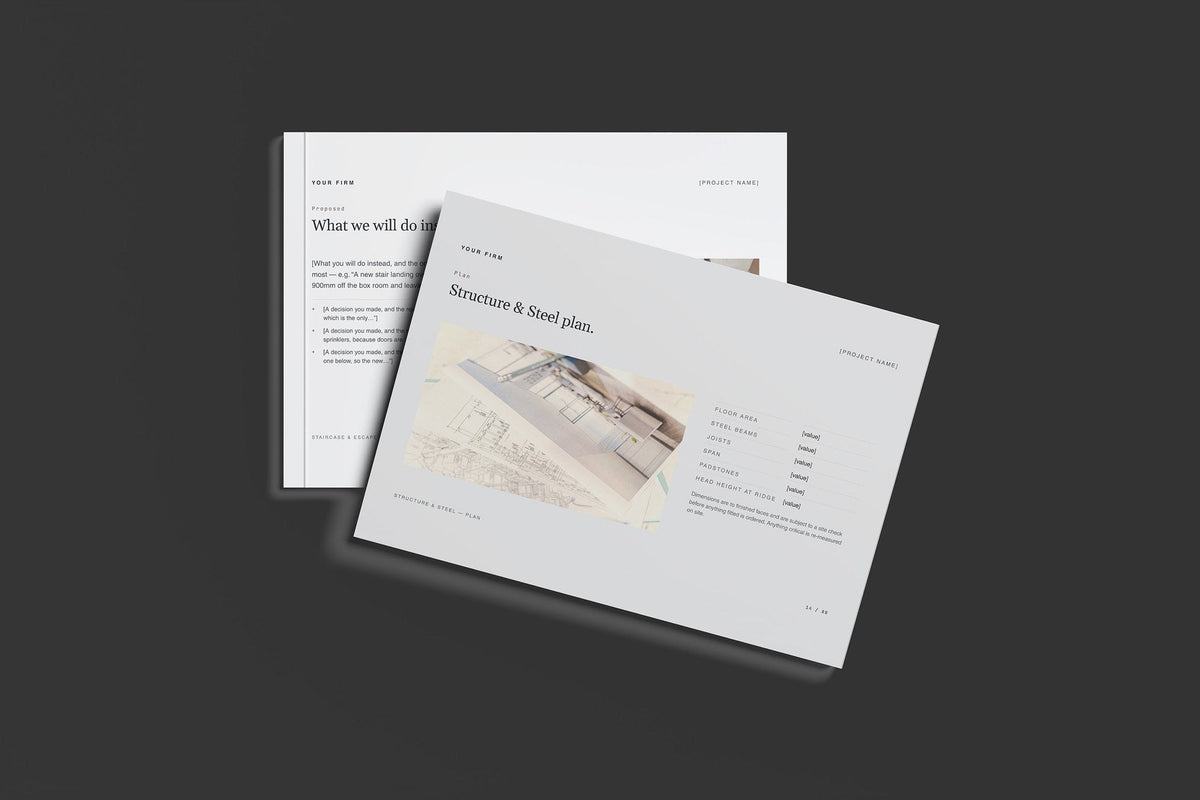 Loft Conversion Client Package, Slate colourway, front and back cover mockup