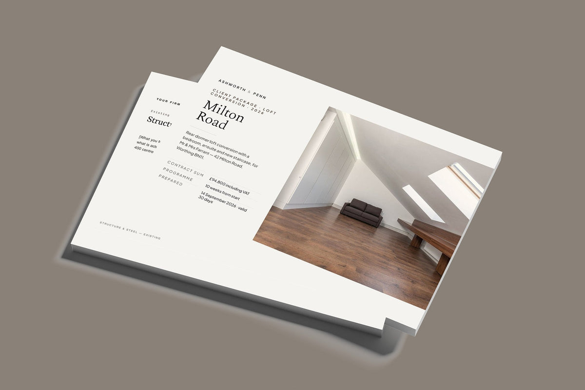Loft Conversion Client Package, Standard colourway, stacked books mockup