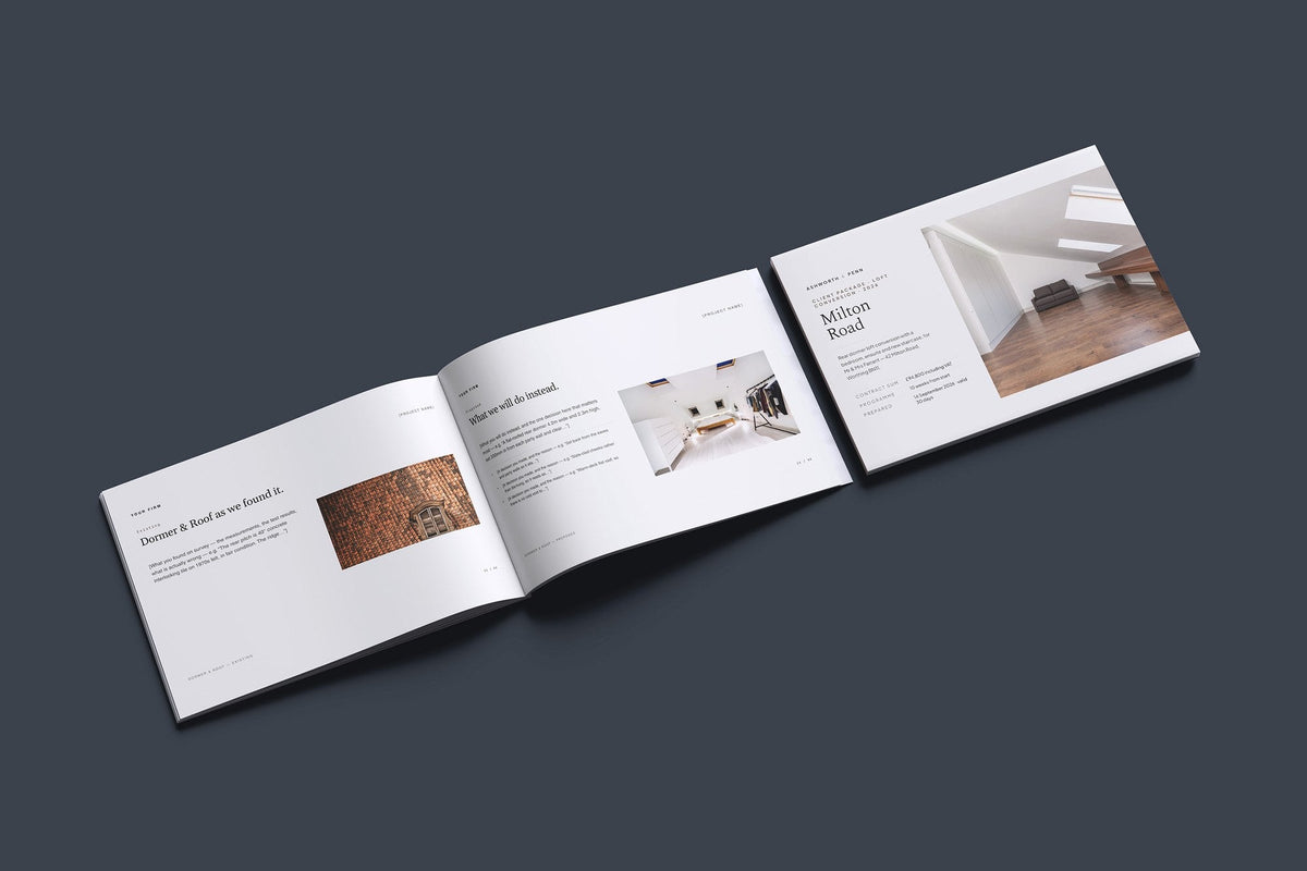 Loft Conversion Client Package, Standard colourway, cover and inside spread mockup