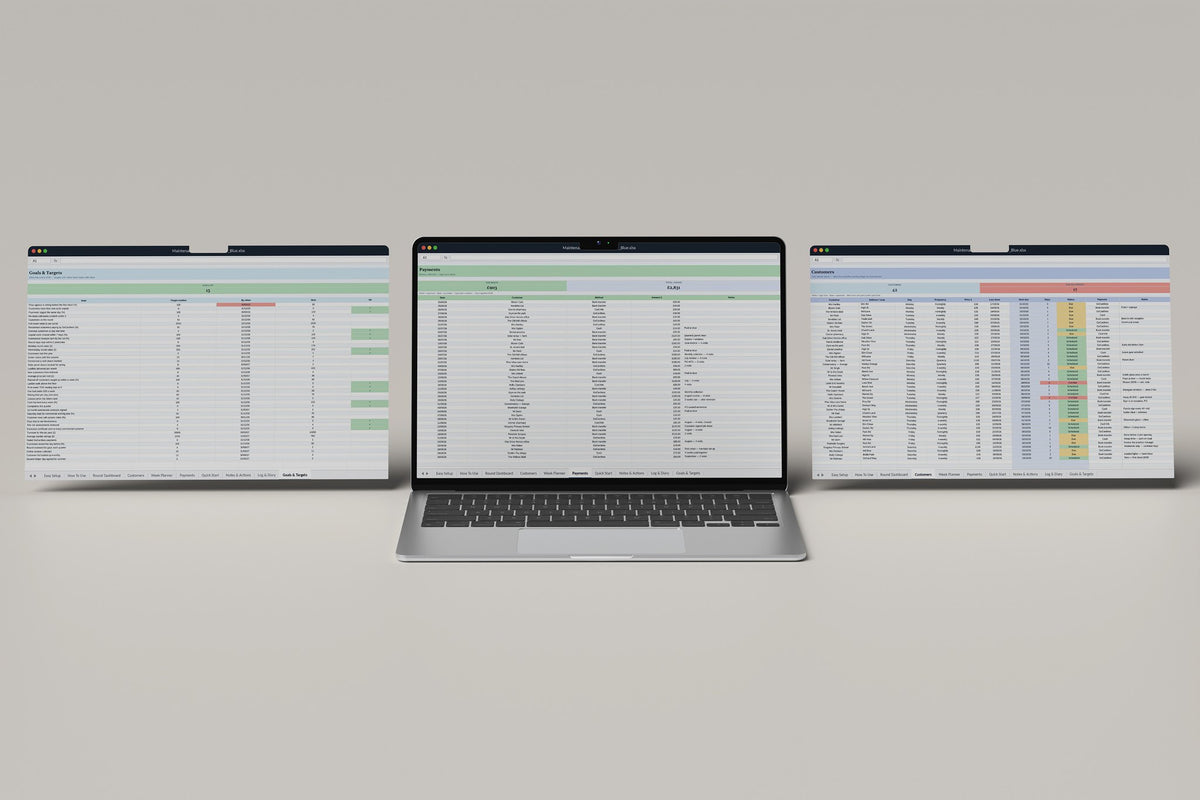 Maintenance Round Scheduler Excel template, Payments tab on a laptop screen