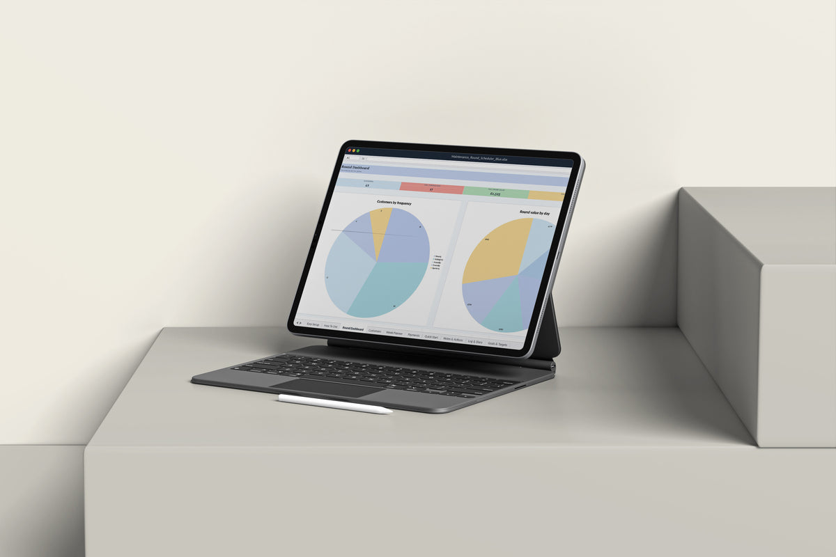 Maintenance Round Scheduler Excel template on an iPad with keyboard