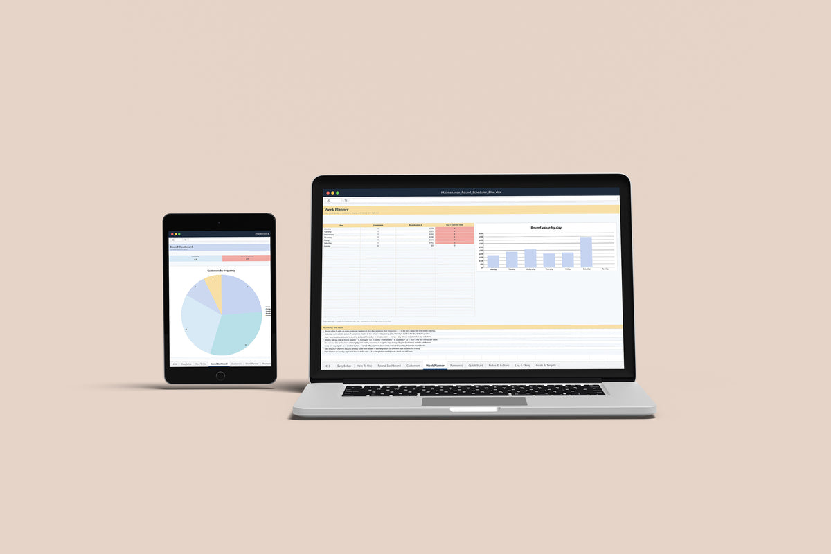Maintenance Round Scheduler Excel template on a MacBook and iPad, second view