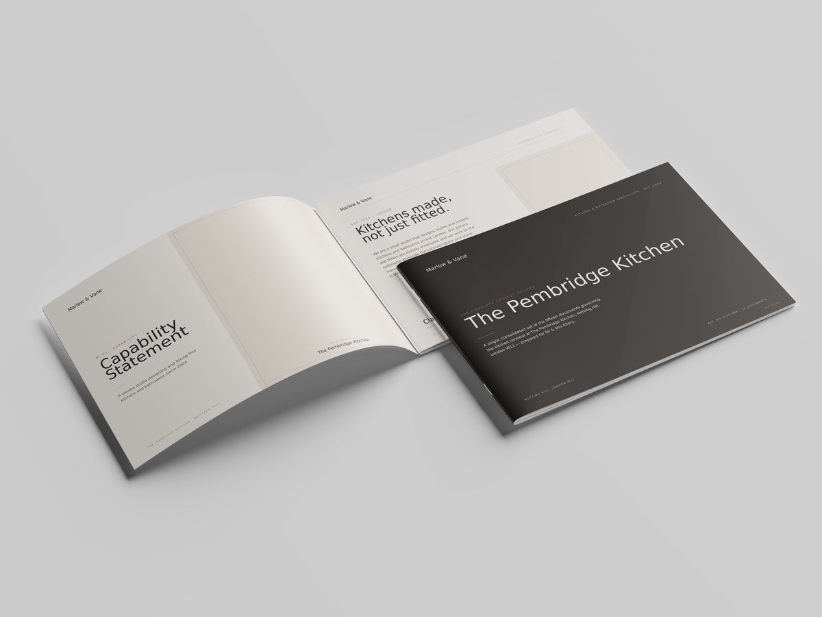 Kitchen & Bathroom Fitter Project Pack in PowerPoint, printed and open at the first pages