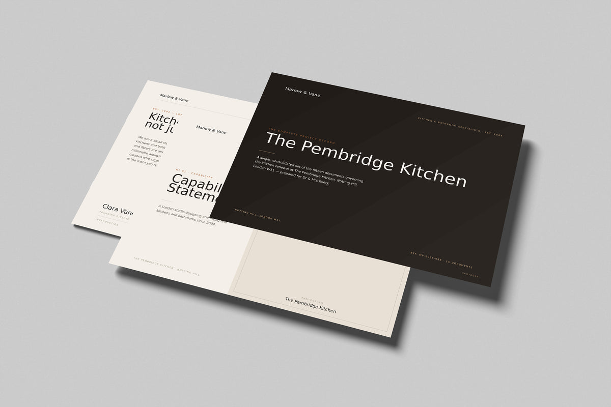 Kitchen & Bathroom Fitter Project Pack in PowerPoint, printed pages floating