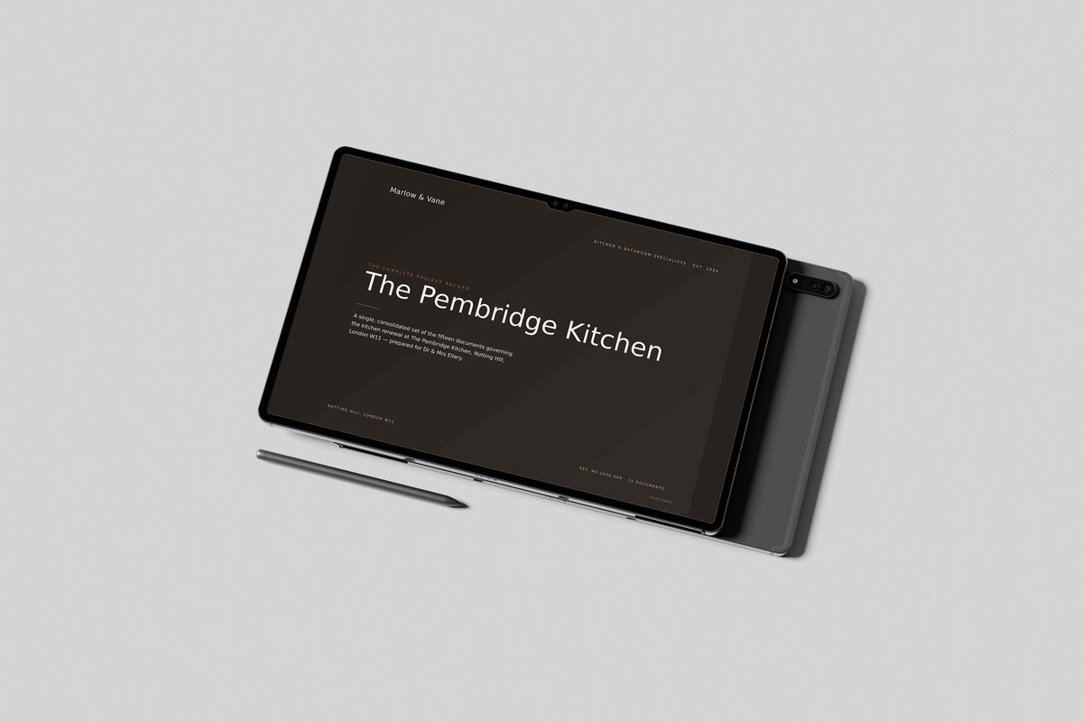 Kitchen & Bathroom Fitter Project Pack in PowerPoint, shown on a tablet
