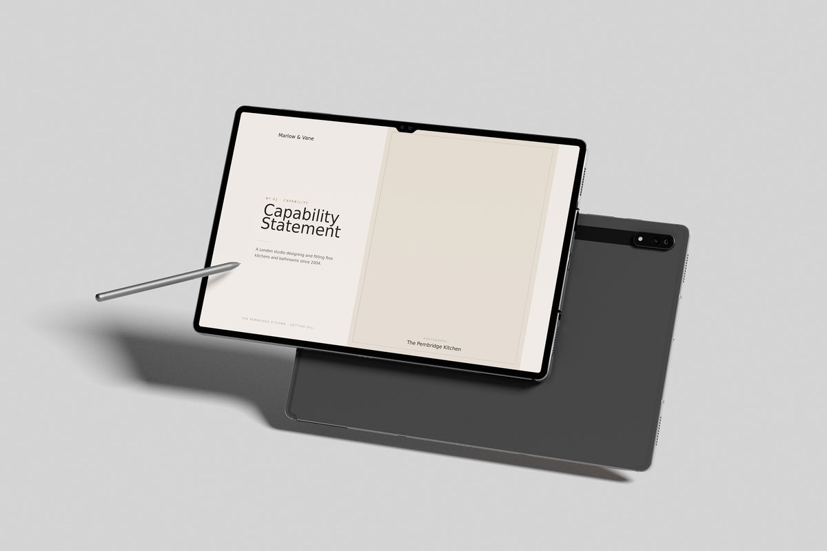 Kitchen & Bathroom Fitter Project Pack in PowerPoint, inside pages shown on a tablet
