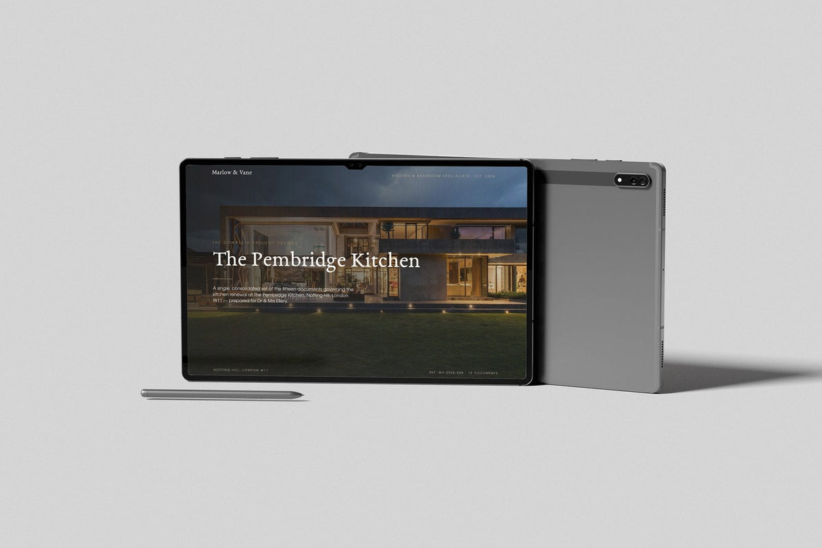 Kitchen & Bathroom Fitter Project Pack in PowerPoint, shown on a tablet
