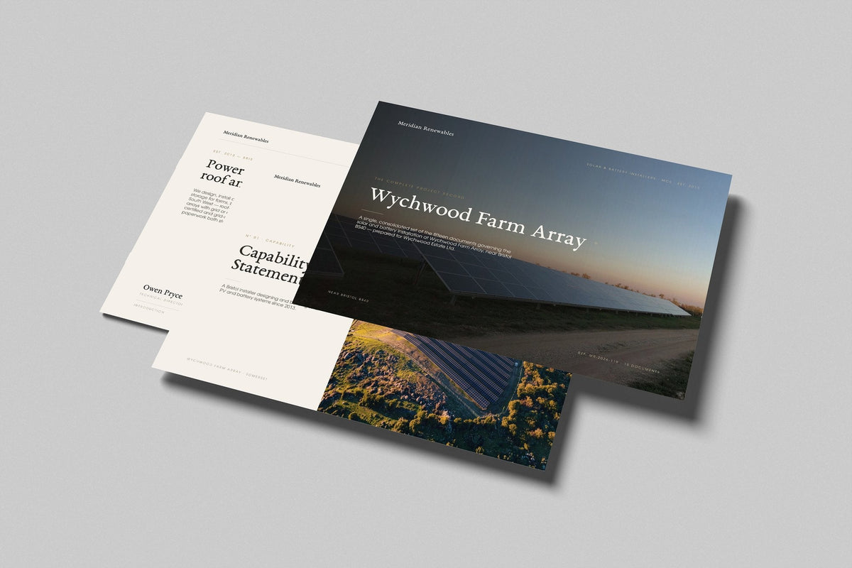 Solar & Battery Installer Project Pack in PowerPoint, printed pages floating