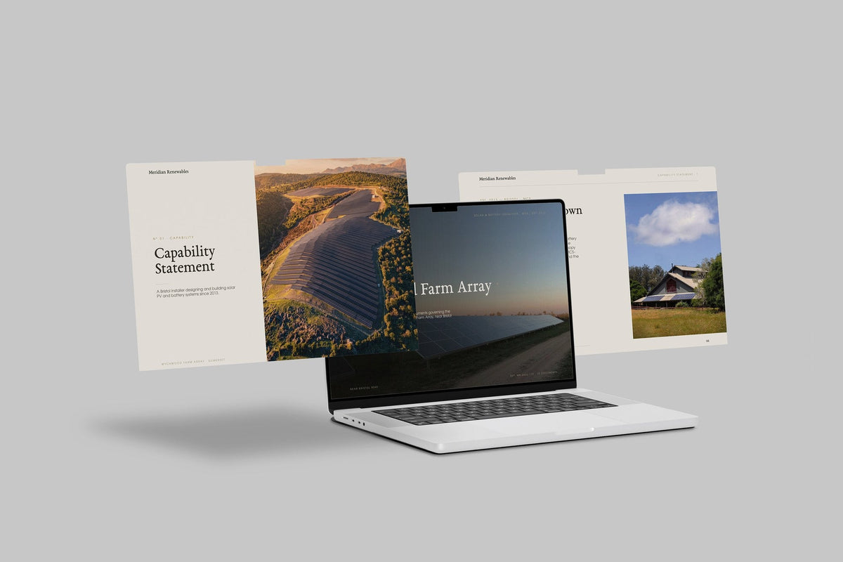 Solar & Battery Installer Project Pack in PowerPoint, shown on laptop screens