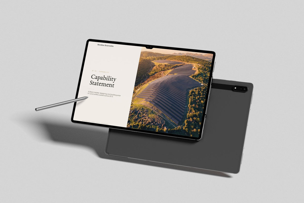 Solar & Battery Installer Project Pack in PowerPoint, inside pages shown on a tablet