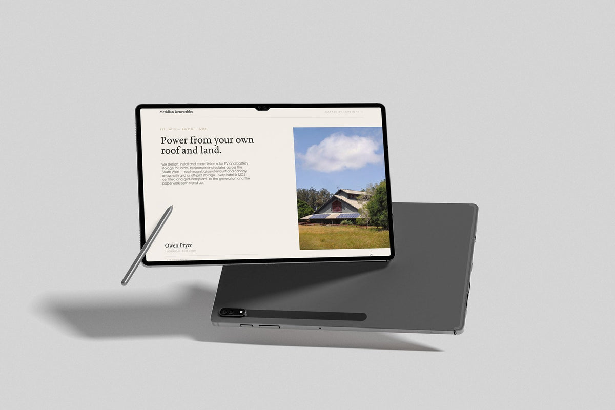Solar & Battery Installer Project Pack in PowerPoint, inside pages shown on a tablet