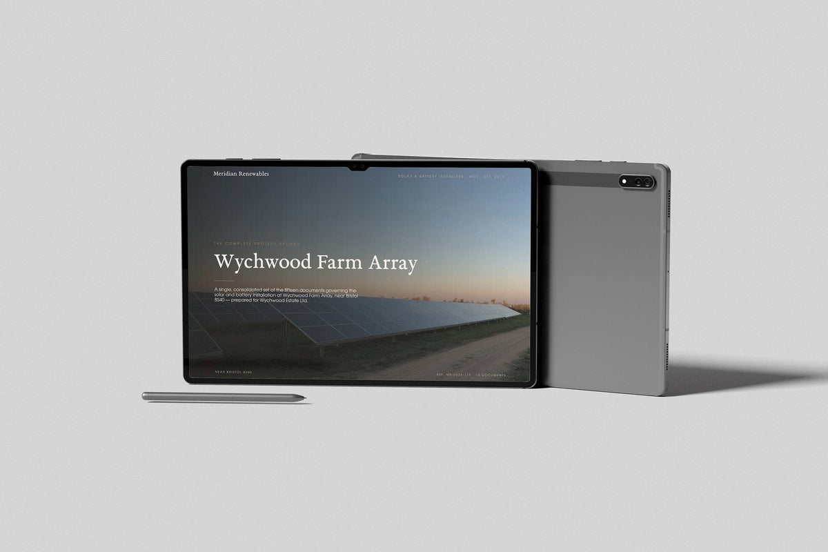 Solar & Battery Installer Project Pack in PowerPoint, shown on a tablet
