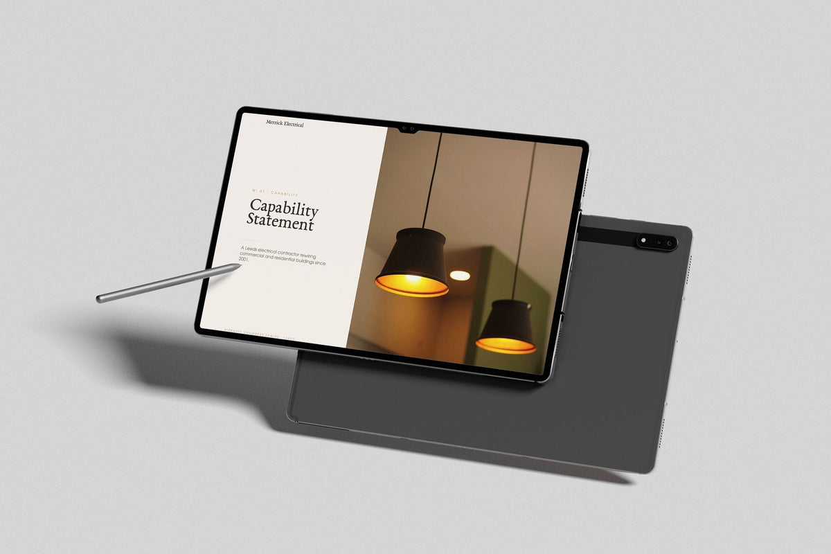 Electrician Project Pack in PowerPoint, inside pages shown on a tablet