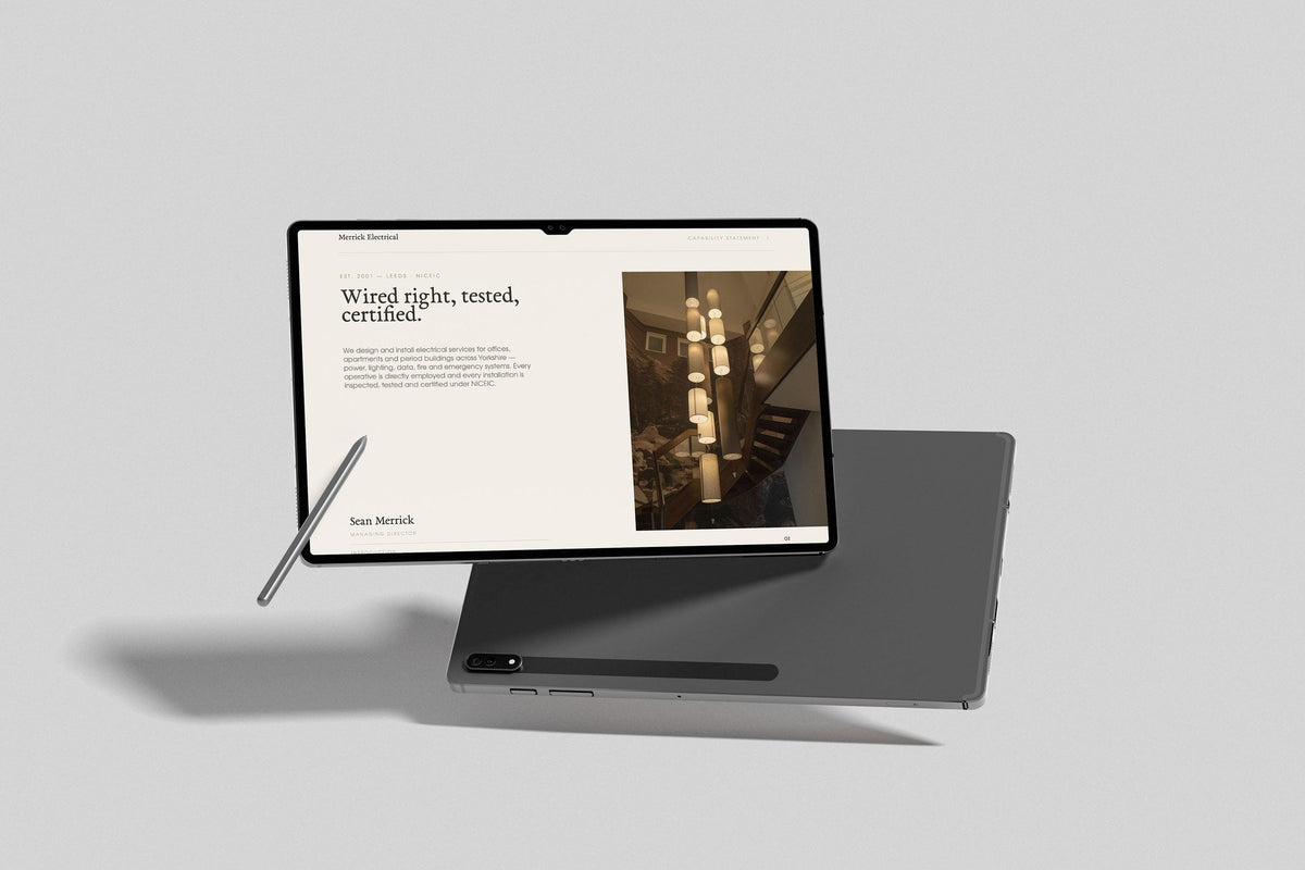 Electrician Project Pack in PowerPoint, inside pages shown on a tablet