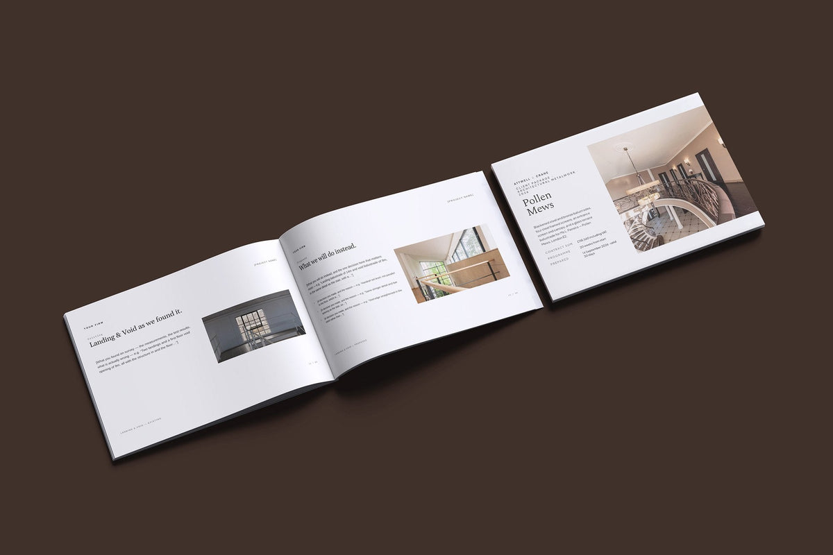 Metalwork Client Package, Ivory colourway, cover and inside spread mockup