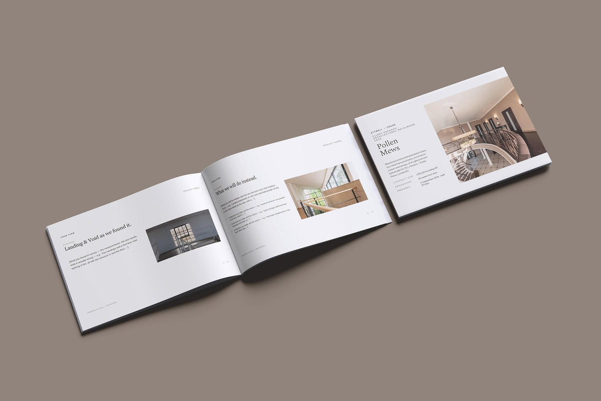 Metalwork Client Package, Oat colourway, cover and inside spread mockup